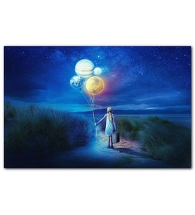 Cakatablo Gece Kız ve Elinde Balon Gezegenler MDF Tablo