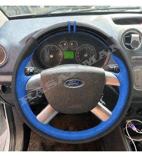 Ford Fiesta Mk5 Dikme Direksiyon Kılıfı Parlak Siyah Mavi Detaylı Mavi Çift Yüzük ve Dikiş 2006-2008