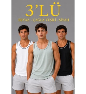 Erkek 3’lü Kolsuz Sporcu Atlet Seti Yazlık Bisiklet Yakalı - Mint Yeşili, Siyah, Beyaz
