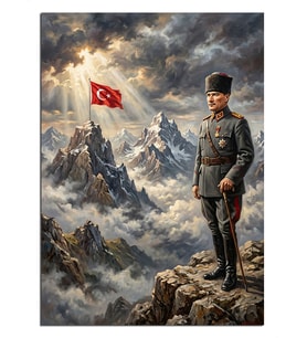 Sisli Dağ Zirvesinde Atatürk Bayraklı Dekoratif Kanvas - Mdf Ahşap Tablo