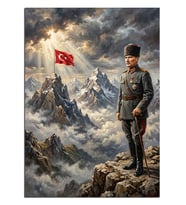 Sisli Dağ Zirvesinde Atatürk Bayraklı Dekoratif Kanvas - Mdf Ahşap Tablo
