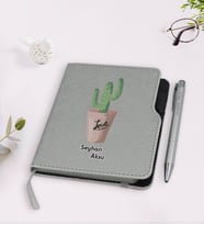 BK Gift Kişiye Özel Kaktüs Tasarımlı Gri Termo Deri Defter Kalem Seti-5