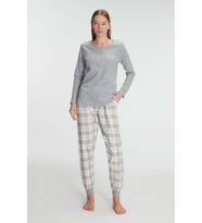 Kadın Gri Uzun Kollu Alt Kısmı Ekose Desenli Pijama Takımı (Renksiz)
