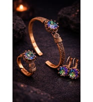 Kadın Bakır Bileklik Yüzük Küpe Takım Seti Doğal Mistik Topaz Yuvarlak Model Taşlı Saf Bakır Set