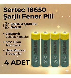 Sertec 18650 1C Şarjlı Pil 2450mAh Çıkıntılı Başlıklı Fener Pili 3.7V Li-ion 4lü