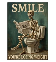Tuvalette Gazete Okuyan İskelet Komik Dekoratif Kanvas - Mdf Ahşap Tablo
