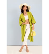 Kimono Arkası Baskılı Püsküllü Keten - Açık Yeşil