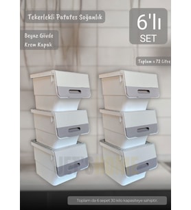 6'lı Krem Beyaz Tekerlekli Sebzelik Patates Soğan Sepeti Organizer Kutu Soğanlık Patateslik 72 L