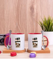 Kişye Özel Polaroid Tasarım Fotoğraflı İkili Ahşap Altlıklı Kırmızı Kupa