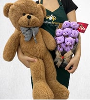 Büyük Boy Kahverengi Peluş Ayıcık ve Fotoğraflı 7'li Peluş Ayıcık Buketi (Model 3)