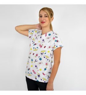 Unisex Yarabandı Desenli Esnek  Likralı Doktor Hemşire Veteriner Scrubs Tek  Üst Forma (Beyaz)