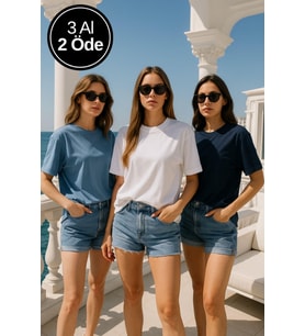 Kadın 3'lü Paket Lacivert-Mavi-Beyaz %100 Pamuk Oversize Basic Tişört Bisiklet Yaka Relaxed T-Shirt