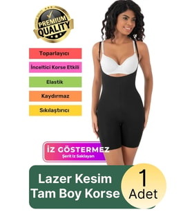 #Korse Sıkılaştırıcı İz Bırakmayan Kaymayan 2 Beden Küçülten Kadın Lazer Kesim Tam Boy Askılı Korse (Siyah)