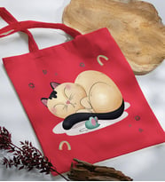 BK Gift Kedi Tasarımlı Kırmızı Kumaş Bez Çanta, Baskılı Omuz Çantası, Alışveriş Çantası, Arkadaşa Hediye-7