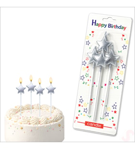 Çubuklu Metalik Gümüş Yıldız Mum - 14 cm x 4 Adet