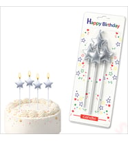 Çubuklu Metalik Gümüş Yıldız Mum - 14 cm x 4 Adet