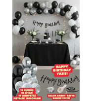 Happy Bırthday Yazısı Gümüş Konfetili 30 Adet Siyah Gümüş Balon Parti Konsepti Doğum Günü Seti Süs