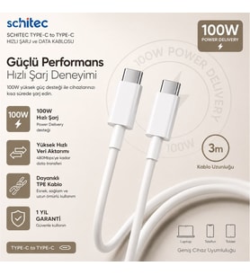 ScHitec 6A 100W Type-C to Type-C Hızlı Data ve Süper Şarj Kablosu 3 Metre Beyaz SX30