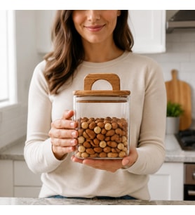 Akasya Kapaklı Kare Borosilikat Cam Kavanoz 700 ml, 10 × 10 cm, Contalı Tutma Kulplu Şeffaf Erzak Kabı, Kuruyemiş Kahve Çay Şeker Baharat ve Kuru Gıda Saklama Kavanozu