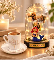 Kişiye Özel 3 Fotoğraflı Yazılı LED Denizkızı Fanus ve Hayat Ağacı Porselen Kahve Fincanı