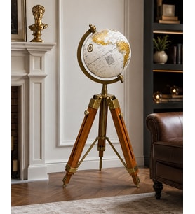 Ahşap Tripod Ayaklı Dekoratif Dünya Küre Gold Metal Detaylı Şık ve Klasik Tasarım Ev Ofis Dekoru