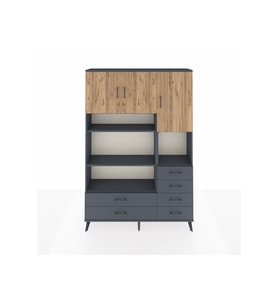 Arges Dolap 9 Raflı 6 Çekmeceli 3 Kapaklı 132x30x195 Antrasit-Çam/Antrasit