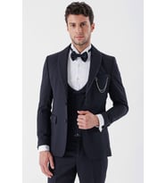 Koyu Lacivert Desenli Armürlü Kruvaze 6 Drop Slim Fit Smokin Damatlık Takım 1001230214