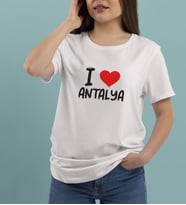 BK Gift I Love Antalya Tasarımlı Kadın Yuvarlak Yaka Tişört-1 (Beyaz)