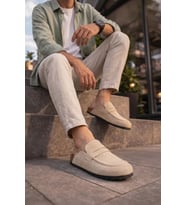 JY0456 Rayn Bağcıksız Hakiki Süet Deri Erkek Günlük Mantar Taban Loafer Klasik Ayakkabı HDMT - Krem