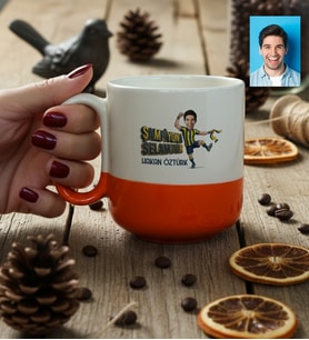 Kişiye Özel Karikatürlü Sarı Lacivert Taraftar Kupa Bardak Pro Doğum Günü Hediyesi