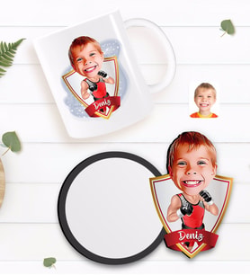BK Gift Kişiye Özel Çocuk Kick Box Karikatürlü Beyaz Kupa ve Ahşap Bardak Altlığı Hediye Seti-1