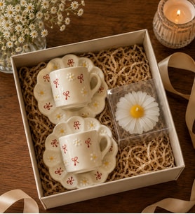 Pinterest 2 li Kahve Fincanı - Kırmızı Fİyonk ve Papatya İşlemeli & Papatya Mum