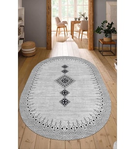 Dijital Baskılı Kaymaz Taban Yıkanabilir Oval Salon Halısı Mutfak Halısı Yolluk NDO-SD-1106 (Gri)