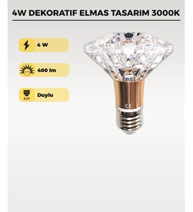 4W Dekoratif Kristal Diamond LED Ampul 3000K – Şeffaf Elmas Tasarım LED Ampul