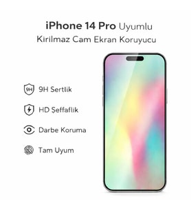iPhone 14 Pro Uyumlu Kırılmaz Cam Ekran Koruyucu 9H Temperli Cam HD Şeffaf (Beyaz)