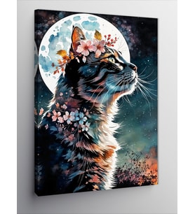 Kanvas Tablo Çiçek Şapkalı Kedi Ve Dolunay