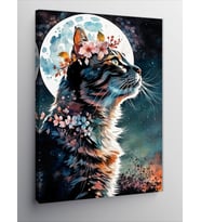 Kanvas Tablo Çiçek Şapkalı Kedi Ve Dolunay