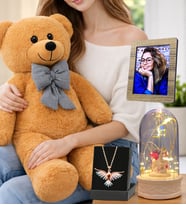 Kişiye Özel Muhteşem Set Kahve Peluş Ayıcık, Renkli Anka Kuşu Kolye, Led Işıklı Fanus ve Fotoğraf (Model 2)