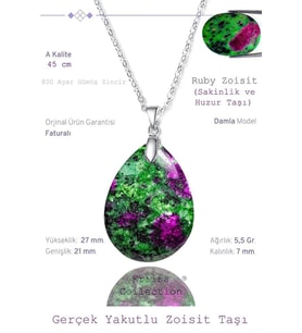 Sertifikalı Damla Model Ruby Yakutlu Zoisite - Anyolit Taşı Kolye (Gümüş Aparatlı) (Çok Renkli)