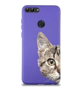 Huawei P Smart Uyumlu Lansman Kılıf Catface Tasarımlı İçi Kadife Kapak-Mor (Şeffaf)