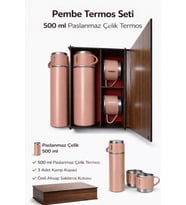 üc bardaklı çelik termos ahşap kutulu (Pembe)