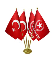 Masa Üstü Vatan Partisi Bayrağı Türk Bayrağı Dörtlü Pirinç Direk Masa Bayrak Seti