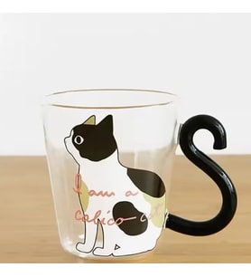 Özel Tasarım Siyah Beyaz Kedi Kuyruklu Cam Kupa