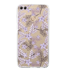Huawei Y9 2018  Kamera korumalı Kapak Floral Lila Tasarımlı  Şeffaf Kılıf