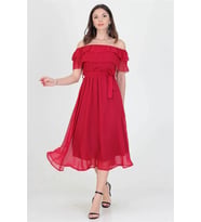 Neşeli butik kadın yeni sezon madonna yaka bağlama detaylı şifon elbise RY8060 (Bordo)
