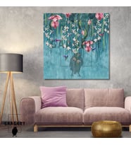 Tekli Kare Kanvas Tablo Mavi Fonda Pembe Çiçekler ve Kuşlar