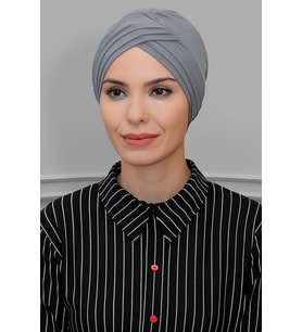 Gri Pratik Hazır Geçmeli Tesettür Bone Sandy Kumaş Üç Çapraz 1803_15