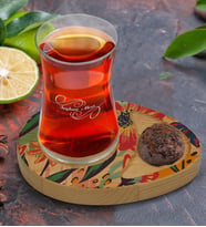 BK Gift Kişiye Özel Çiçekler Tasarımlı Doğal Ahşap Tabaklı Heybeli Çay Bardağı Sunum Seti Model 1