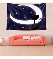 Ayda Oturan Kedi Leke Tutmaz Kadife Doku Kumaş Duvar Örtüsü Duvar Halısı Tapestry (Lacivert-Beyaz)