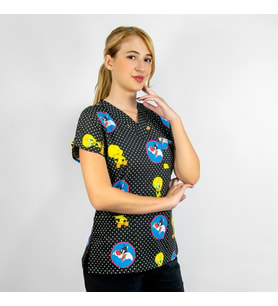 Unisex Tweety Desenli  Esnek Likralı Veteriner Hemşire Aşçı Scrubs Cerrahi Tek Üst Forma